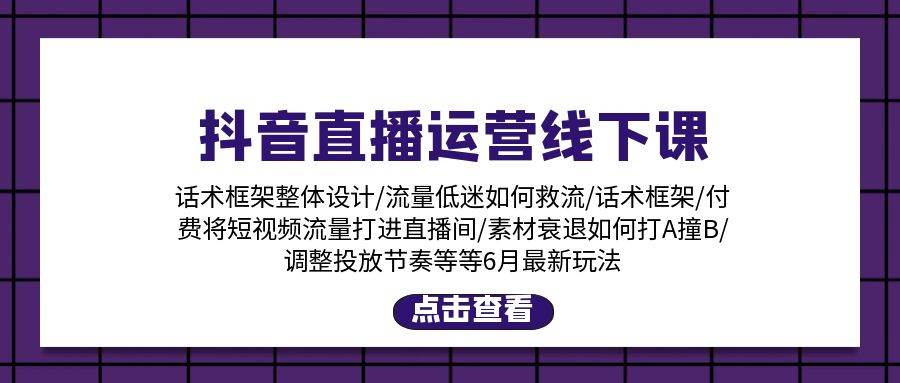 抖音直播运营线下课：话术框架/付费流量直播间/素材A撞B/等6月新玩法-金九副业网