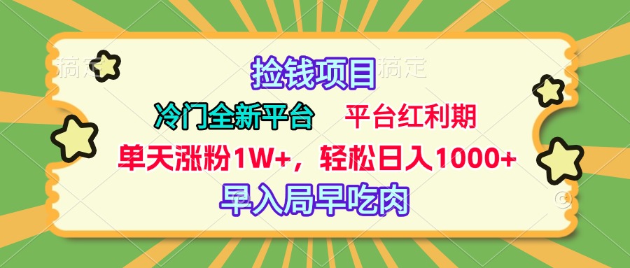 冷门全新捡钱平台，当天涨粉1W+，日入1000+，傻瓜无脑操作-金九副业网